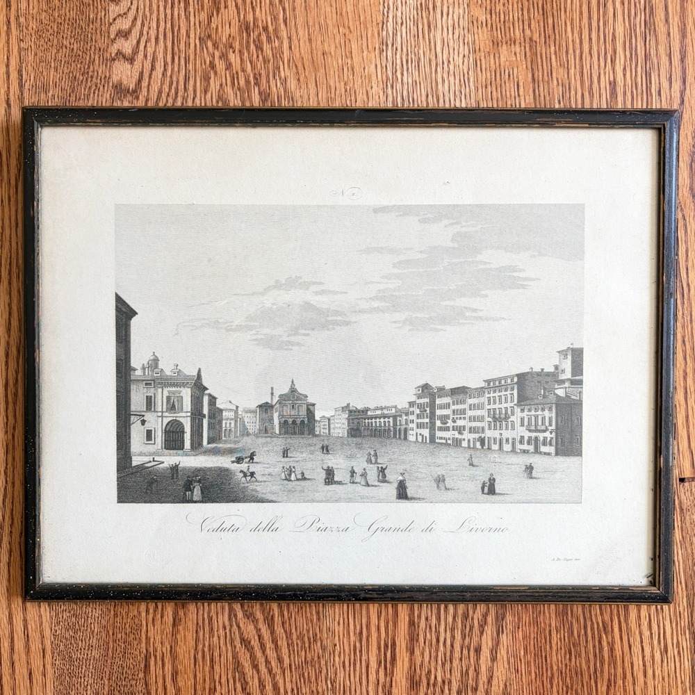 Vintage Veduta della Piazza Grande di Livorno Engraving Antonio De Vegni Frame